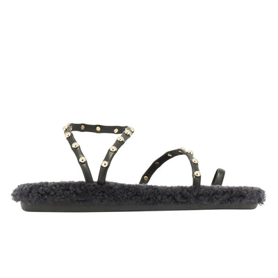 Eleftheria Shearling Black/Gold Studs sandals side