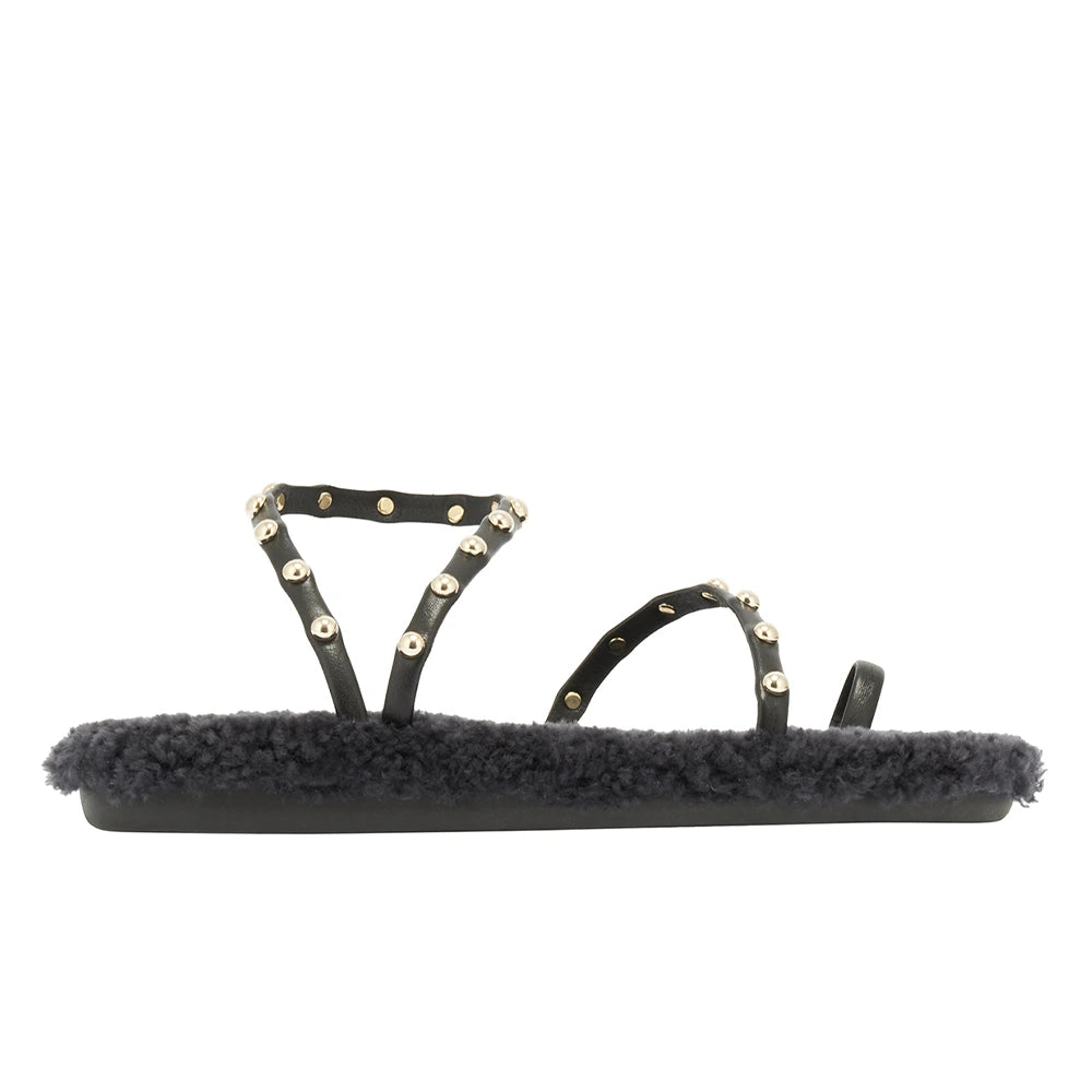 Eleftheria Shearling Black/Gold Studs sandals side