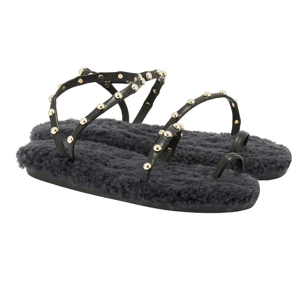 Eleftheria Shearling Black/Gold Studs sandals 3-4