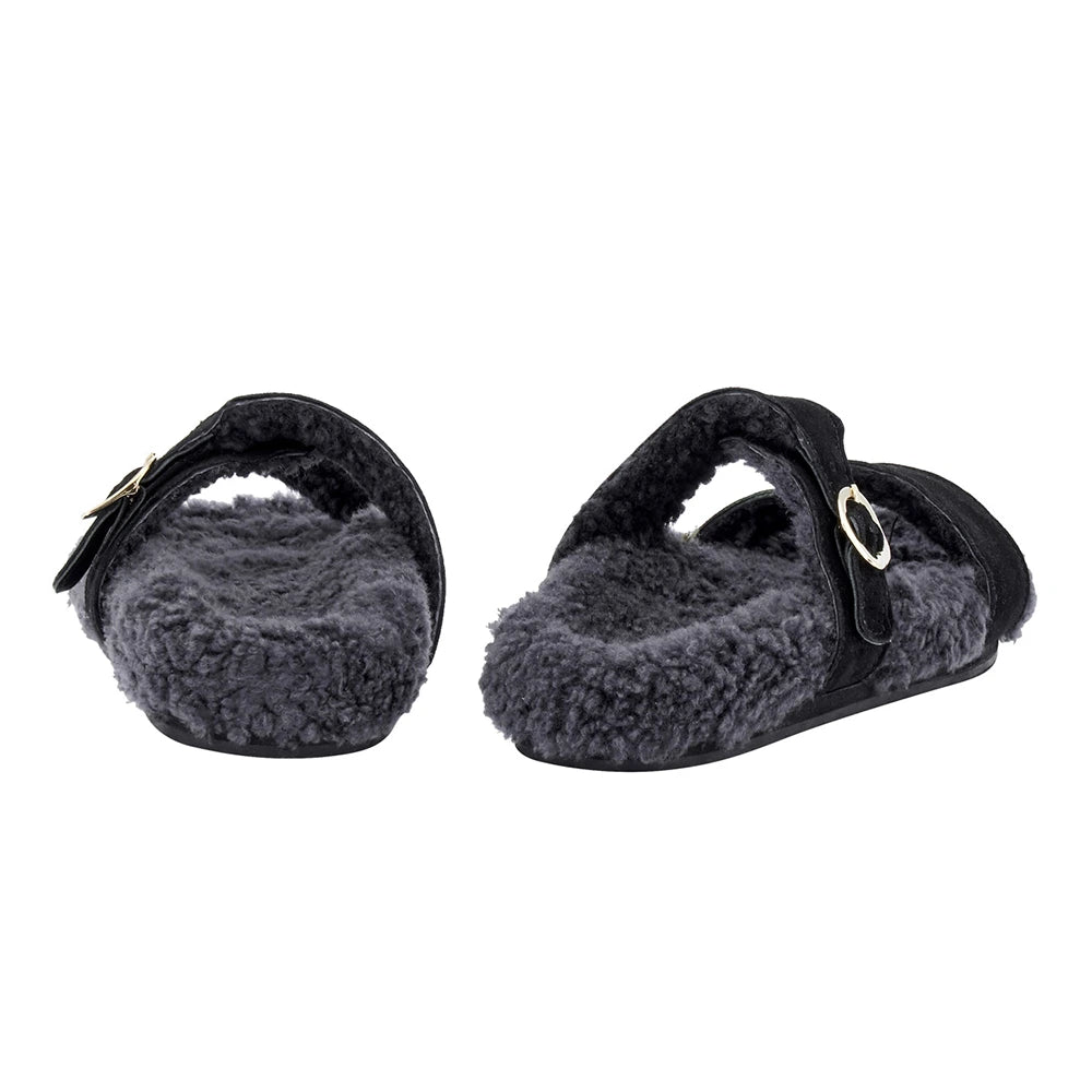 Latria Suede/Sheepskin All Black sandals back
