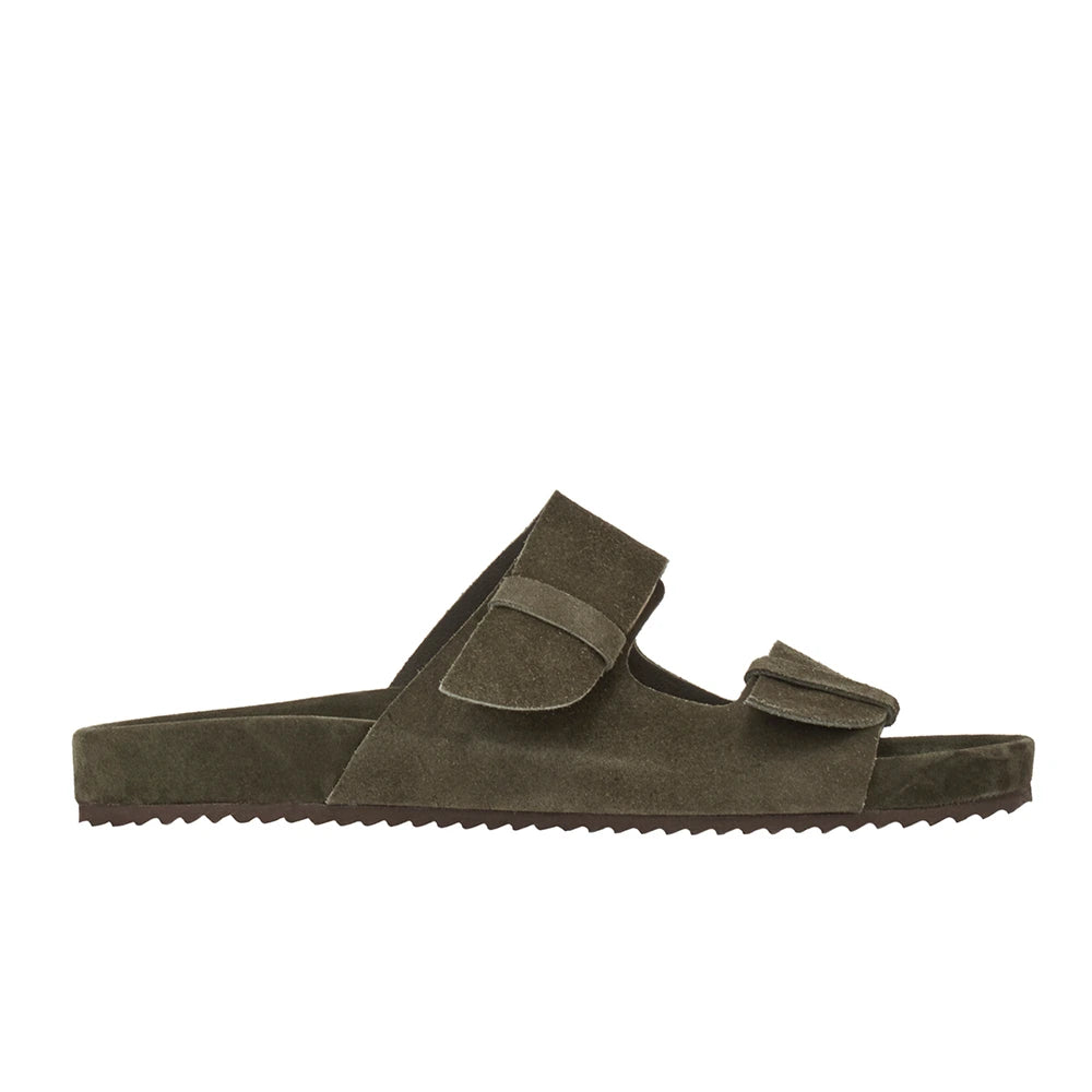 Diogenis Suede Leather Olive slide sandals side