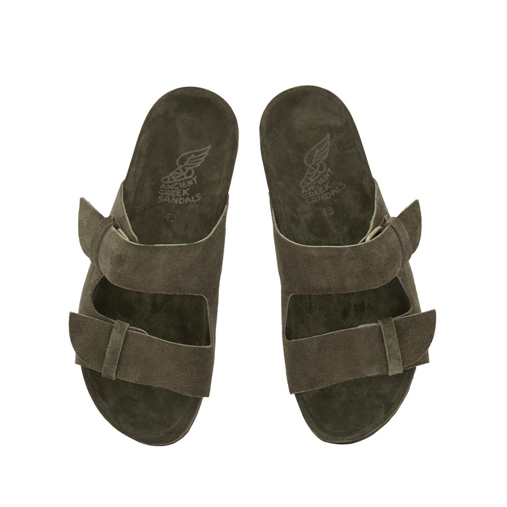Diogenis Suede Leather Olive slide sandals top