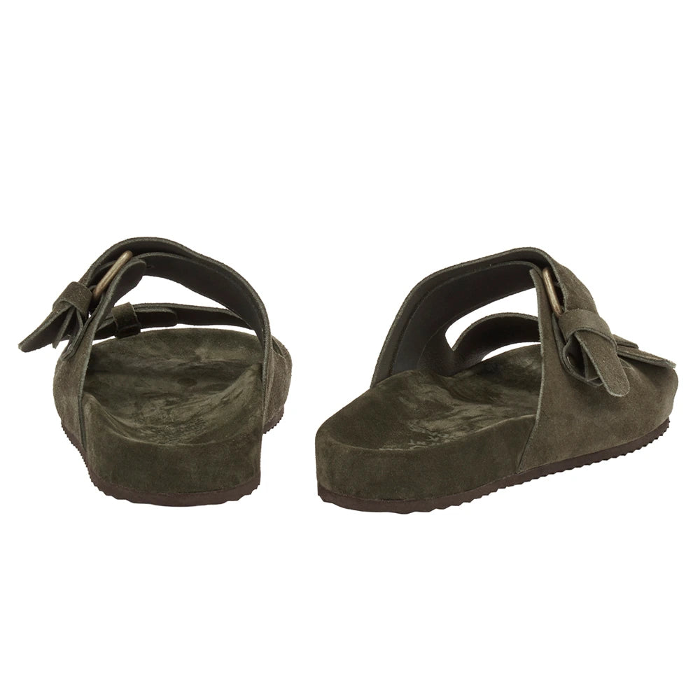 Diogenis Suede Leather Olive slide sandals back