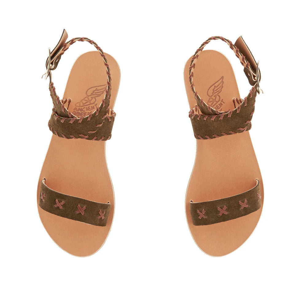 Ifigenia Stitch Suede Khaki sandals top
